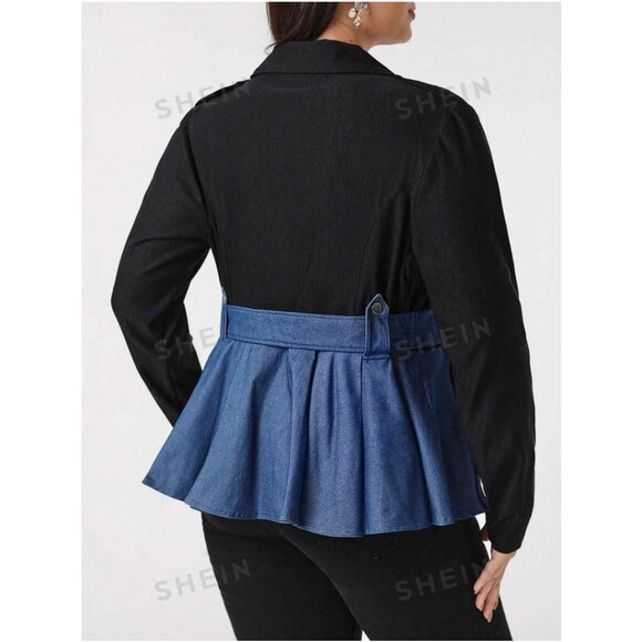 Shein Sylvia Mollie Plus Faux Denim Black Peplum Colorblock Blazer Jacket 12, 0X - Picture 6 of 11